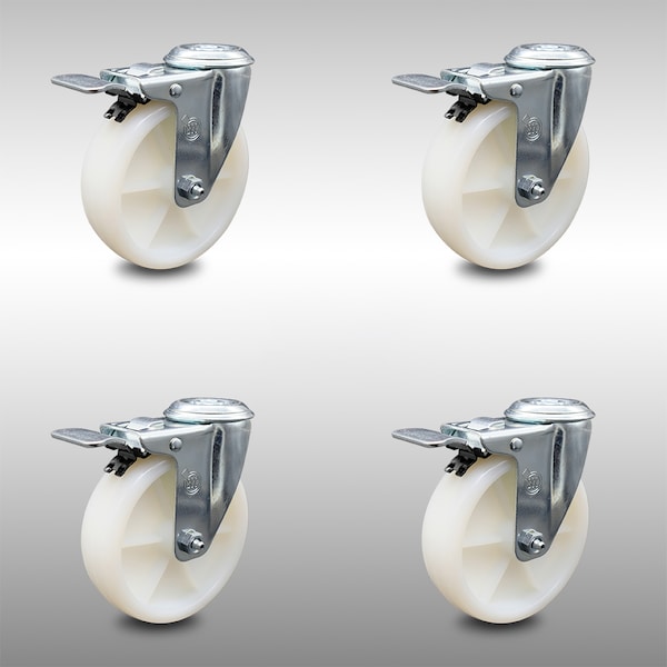 5 Inch SS Nylon Wheel Swivel Bolt Hole Caster Set with Total Lock Brake SCC